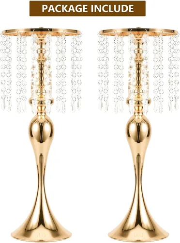 Vista 7 de Centros de mesa de boda para mesas, 21.3 pulgadas, 2 jarrones de metal dorado con cristal Soporte de flores para centros de mesa de boda