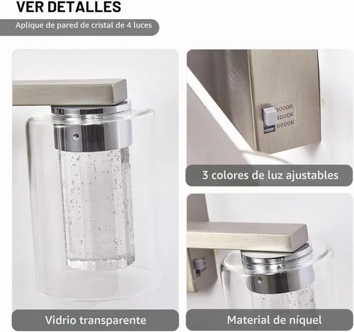 Vista 5 de SADENICEL Accesorios de iluminación de baño de 4 luces, níquel cepillado, LED regulable blanco/neutro/cálido, luces de tocador de baño de cristal