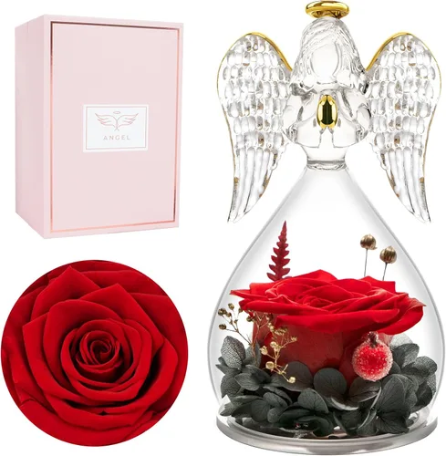 Vista 11 de Miofula Regalos para mamá, regalos de cumpleaños para mujeres, flores preservadas en figuras de ángel de cristal, flores frescas para entrega, Rosa