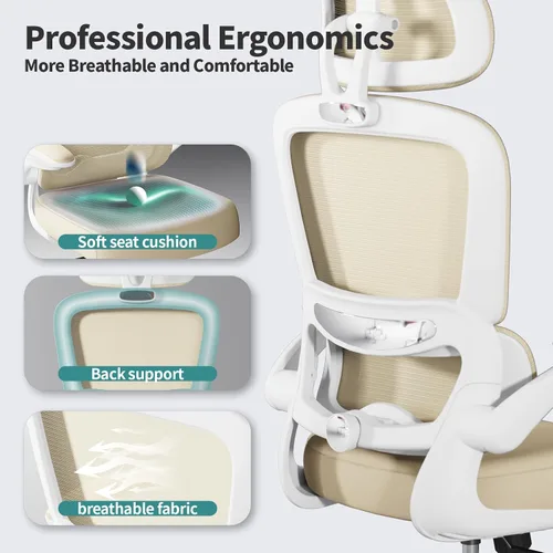 Vista 3 de TRALT - Silla de oficina ergonómica con soporte lumbar, color beige, 1