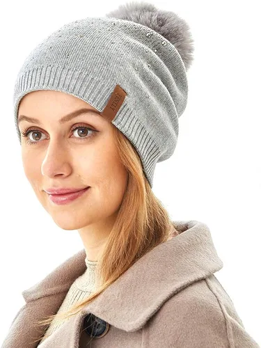 Vista 6 de Gorro de invierno para mujer con pompón de piel sintética cálido suave con diamantes de imitación para mujer