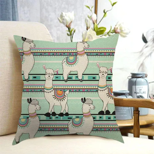 Vista 2 de Fundas de almohada de dibujos animados de 18 x 18 pulgadas, bonitas fundas de almohada cuadradas de lino verde llama para sofá, dormitorio, sala