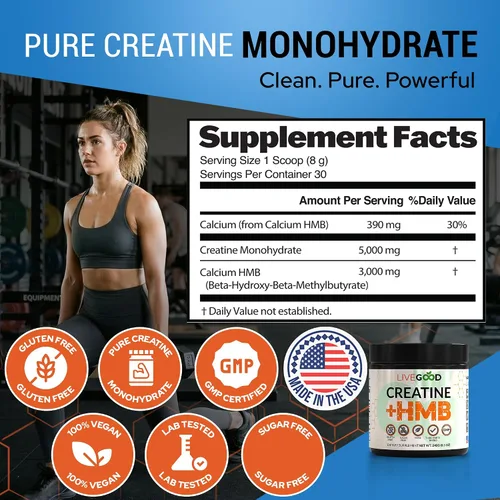 Vista 7 de LIVEGOOD Monohidrato de creatina con HMB para crecimiento muscular magro y recuperación - Polvo de creatina HMB para hombres y mujeres - Creatina