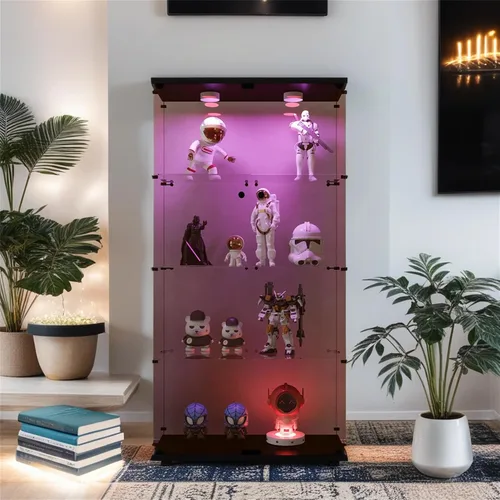 Vista 16 de Vitrina de cristal con luces LED y cerradura, vitrina Curio de 4 niveles con puerta de cristal, estantería de pie para sala de estar, dormitorio