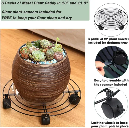 Vista 3 de Paquete de 6 estantes grandes de metal para plantas con ruedas de 13 y 11.8 pulgadas, soportes rodantes de hierro forjado de alta resistencia