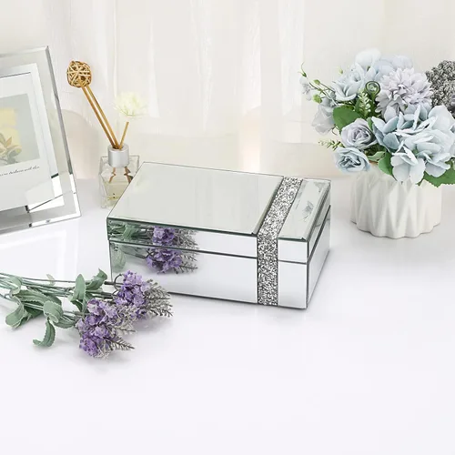 Vista 3 de ELLDOO Joyero de cristal con espejo con decoración de tiras de diamantes triturados, caja organizadora de lujo para baratijas, caja decorativa, caja