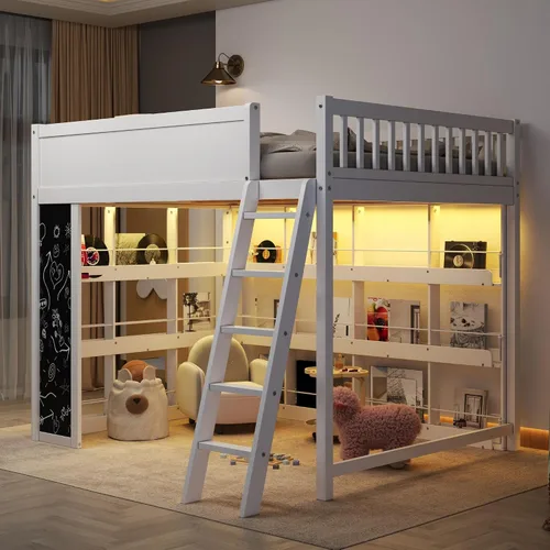 Vista 14 de SOFTSEA Twin Size Loft Bed with LED Lights & Storage Shelves, Antique White
