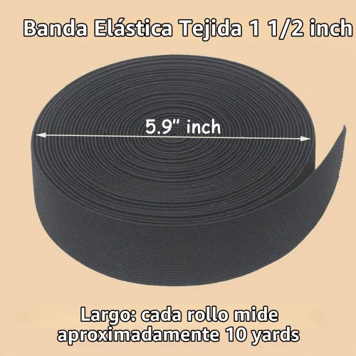 Vista 2 de Banda elástica de punto negro de 1-1/2 pulgadas, 10 yardas, 1.496 in, tejido de sarga de doble cara, correas elásticas pesadas, banda elástica