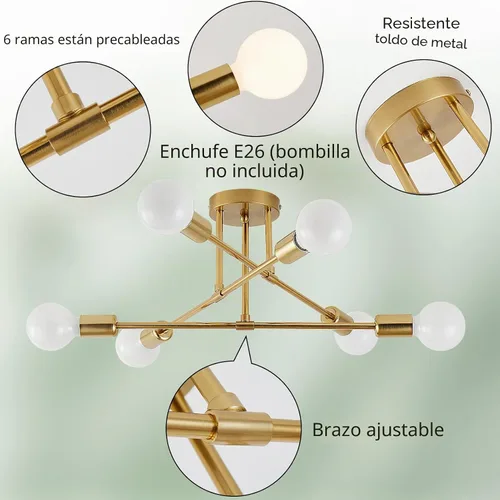 Vista 3 de Lámpara de Techo de Montaje Semiempotrado, Lámpara de Techo Moderna Sputnik de 6 Luces con Base de Bombilla E26, Accesorios de Iluminación de Techo