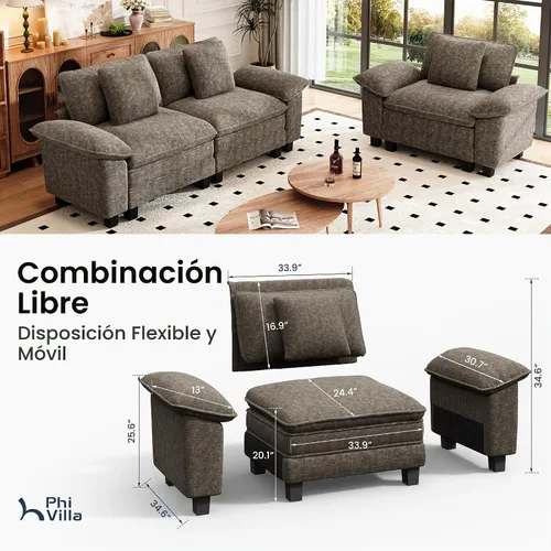 Vista 7 de PHI VILLA Conjuntos de sofás modulares Cloud, juego de sofá seccional de 2 piezas con sofá cama, sofá cómodo de 3 plazas para sala de estar y Ceniza