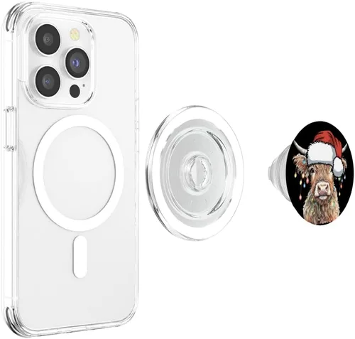 Vista 4 de Divertidas luces navideñas de vaca escocesa de las tierras altas de Navidad, cabeza de Papá Noel, PopSockets MagSafe PopGrip para iPhone