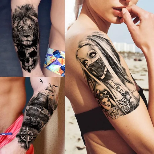 Vista 2 de Bilizar 63 hojas de tatuajes tribales temporales de lobo, león, tigre para hombres, mujeres, adultos, aterradores tatuajes temporales de calavera