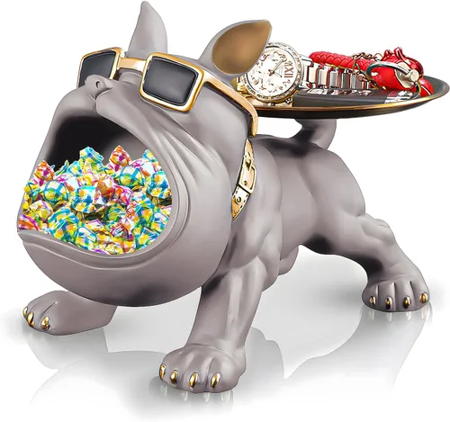 Vista 12 de Estatua de bandeja de bulldog francés de resina Huhote, plato de caramelos y llavero de bulldog, accesorios de bulldog francés, estatuas