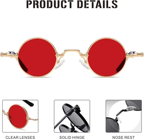 Vista 3 de J&L Glasses Gafas de sol redondas Steampunk estilo círculo Hippie Gafas Marco de metal 8087 Dorado/Rojo