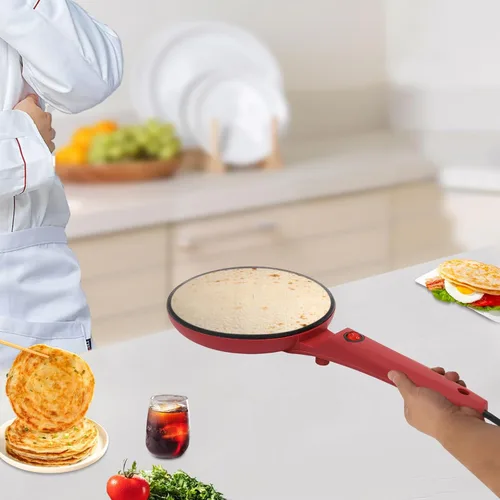 Vista 6 de Crepera Electrica - Máquina eléctrica para crepes de 8 pulgadas, sartén antiadherente portátil roja con asa y bandeja extraíble, Crepera Electrica