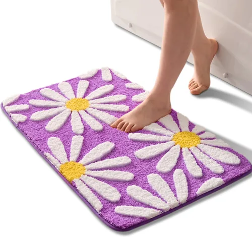 Vista 19 de QJHOMO Alfombra de baño beige con diseño de margaritas, decoración de flores blancas y amarillas, alfombra antideslizante de microfibra, súper