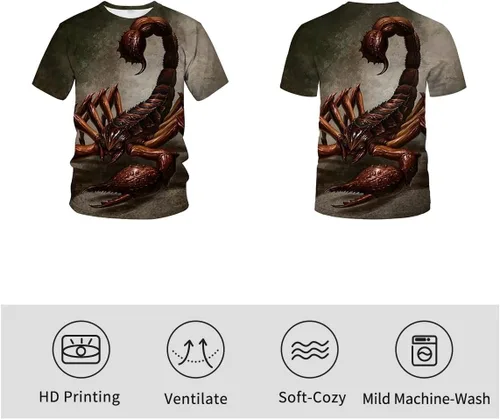 Vista 3 de Liohans Camiseta unisex con estampado digital de escorpión 3D para verano, casual, cuello redondo