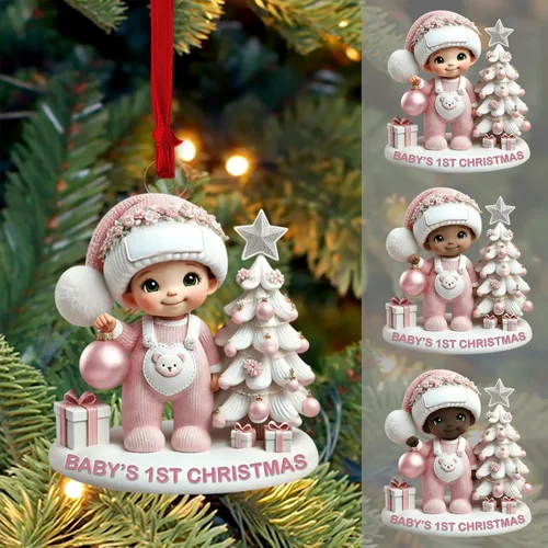 Vista 28 de Adorno personalizado de primera Navidad del bebé con carga de foto, decoración plana colgante de cara de recién nacido para árbol navideño, lindo