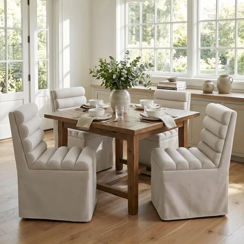 Vista 13 de CIMOTA Juego de 2 sillas de comedor tapizadas, sillas de comedor de tela moderna con respaldo alto cilíndrico/funda con faldón, sillas de cocina sin