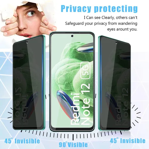 Vista 3 de Protector de pantalla de vidrio templado de privacidad para Redmi Note 12 4G (2+2) + protector de lente de cámara (2 paquetes), película de vidrio
