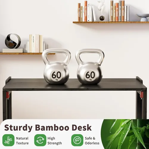 Vista 3 de Escritorio plegable de bambú, escritorios plegables para espacios pequeños, escritorio pequeño de mediados de siglo con estantería para computadora