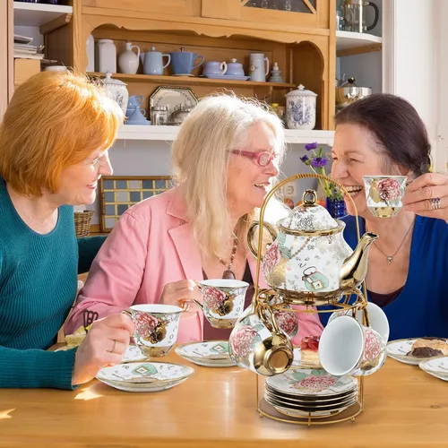 Vista 6 de Zhehao Juego de té de porcelana de 20 piezas con soporte de metal y cuchara para adultos, juego de té de cerámica para adultos, pintura de flores