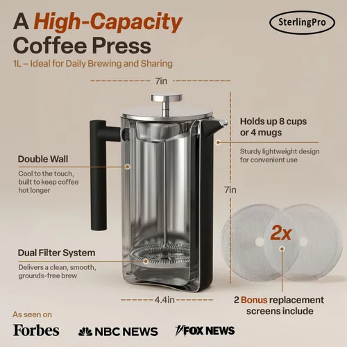 Vista 3 de SterlingPro Cafetera de prensa francesa de acero inoxidable, grande, 1 L (34 onzas), color negro, prensa de café duradera con aislamiento de doble