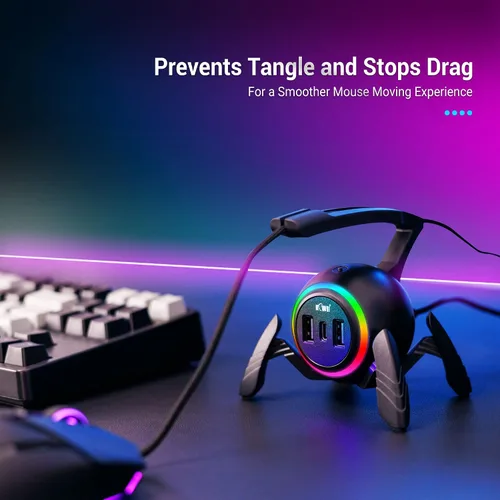 Vista 3 de KIWIFOTOS Mouse Bungee - Controlador de cable de mouse para juegos RGB, gestión de cables flexible mejorada, luces LED RGB inteligentes, 2 puertos