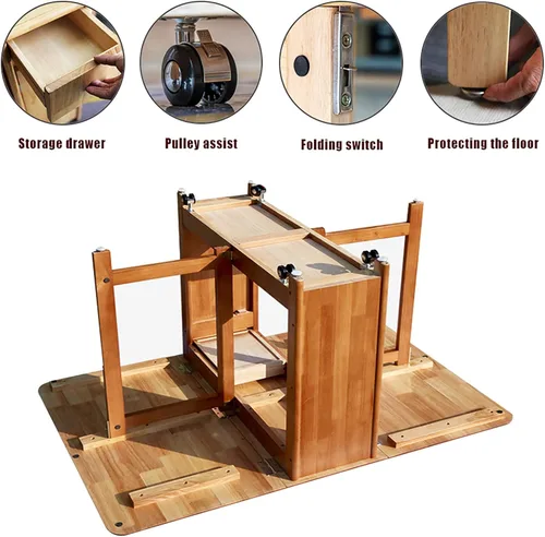 Vista 6 de Mesa y sillas plegables, mesa de comedor de extensión de hojas caídas con ruedas y cajón, juego de mesa de comedor de madera maciza de 5 piezas Negro