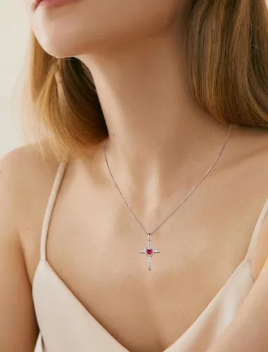 Vista 3 de Collar de cruz de plata de ley 925 con colgante religioso de crucifijo y piedra natal de corazón