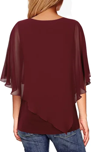 Vista 2 de Lotusmile - Blusa ligera con estampado, escalonada, de doble capa, de chifón tipo poncho, para mujer