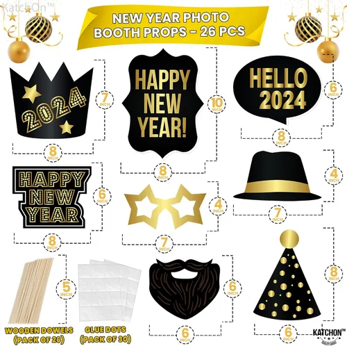 Vista 3 de Accesorios grandes para cabina de fotos de Año Nuevo 2023 – Paquete de 26 Accesorios de cabina de fotos de Año Nuevo de papel negro dorado