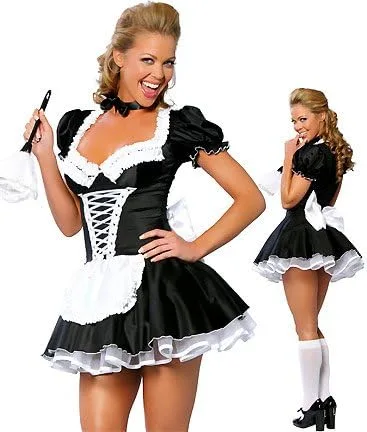 Vista 2 de Disfraz de sirvienta francesa para mujer, sexy, negro, satén, talla S-5XL
