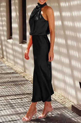 Vista 9 de PRETTYGARDEN Vestido de satén de verano 2024 para mujer, elegante, sin mangas, con cuello alto falso, para cóctel, fiesta, maxi vestidos