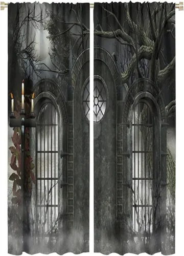 Vista 56 de Cortinas góticas con diseño de luna de Halloween, historia, puerta espeluznante, fondo de terror, vela, ficción, patrón de impresión, sala de estar