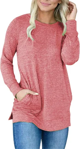 Vista 2 de Women's Pocket Sweater Solid Long Sleeve Loose Round Neck Split Bottom T Shirt Women Shirt Summer