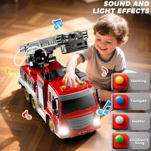 Vista 4 de JUKUDAHU Camión de bomberos de juguete para niños de 3, 4, 5, 6, 7, 8 años, juego de camiones de bomberos con escalera giratoria, sonido y luz