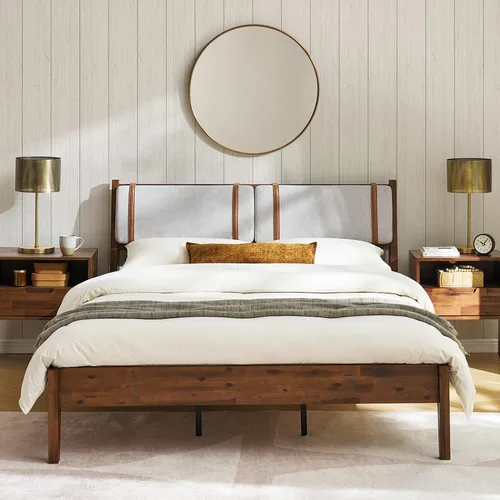 Vista 14 de mopio Ted - Marco de cama con cabecero, marco de cama de plataforma de madera maciza de acacia moderna de mediados de siglo, listones de madera, sin