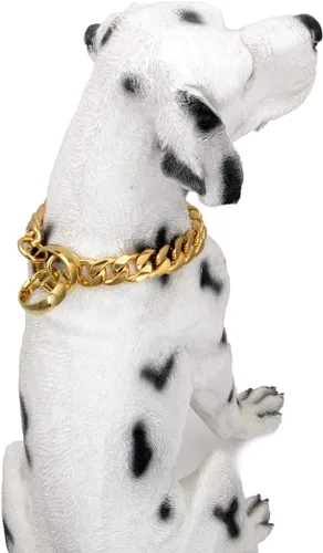 Vista 5 de Collar de perro con cadena de oro de 18 quilates, cadena de perro de eslabones cubanos de 0.59 pulgadas, collar de acero inoxidable de metal