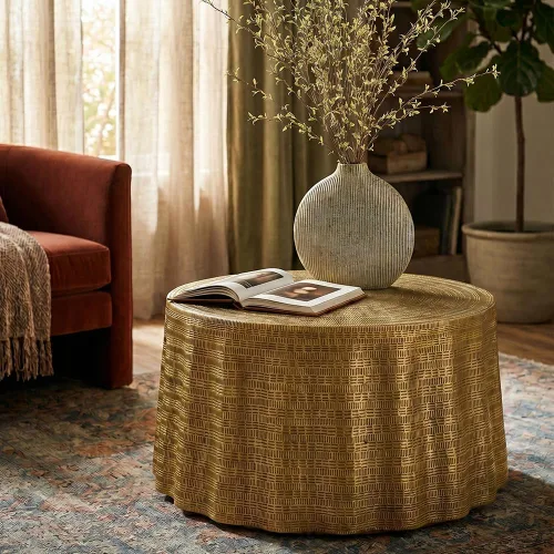 Vista 21 de Mesa de centro redonda de madera de 31.49 pulgadas con almacenamiento, mesa de centro circular acanalada de 2 niveles con tapa y estante para sala