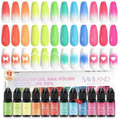 Vista 13 de SAVILAND Esmalte de Uñas en Gel para Aerógrafo Libre de Hema: Sin Dilución 12 Colores de Vitalidad Aerógrafo para Uñas Sin Acetona con Niebla Fina