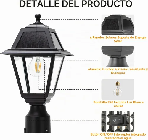Vista 4 de LUTEC Luz de Poste Solar LED, Luz de Poste de Lámpara Solar de Aluminio Fundido, Cabezal de Luz de Poste Impermeable del Atardecer al Amanecer, 200