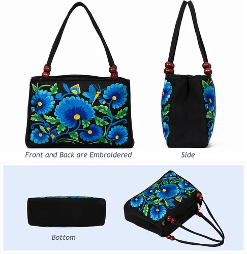Vista 5 de Jursccu Bolsas de hombro étnicas bordadas de doble cara Bolso de viaje para playa