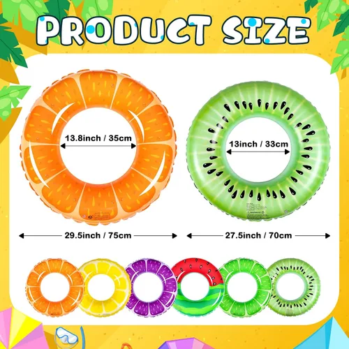 Vista 2 de 6 unidades de flotadores inflables de frutas para piscina, anillos de natación, sandía, naranja, uva, limón, kiwi, juguetes de piscina, tubos