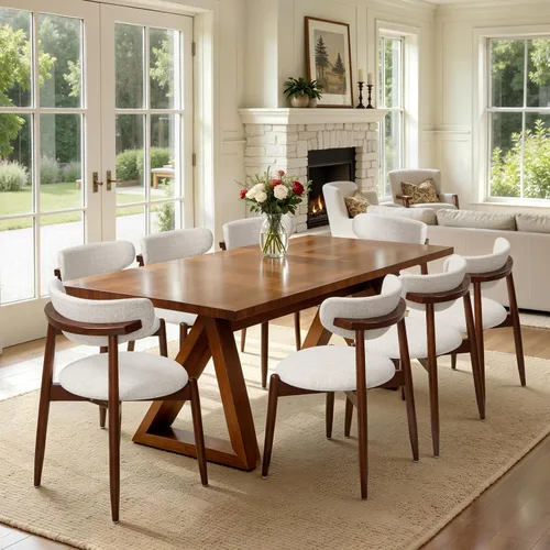 Vista 22 de CHUN YI Juego de 2 sillas de comedor tapizadas de madera maciza, sillas auxiliares de cocina de tela moderna de mediados de siglo con respaldo Beige