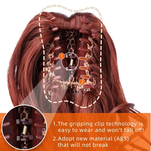 Vista 8 de Cola de caballo con clip, color castaño rojizo, ondulado de 10 pulgadas, extensión de cola de caballo de 3.3 onzas, extensiones de cabello sintético