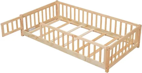 Vista 2 de i-POOK Cama de plataforma Montessori de tamaño individual, marco de cama con barandillas en forma de valla y plataforma de madera maciza con 7