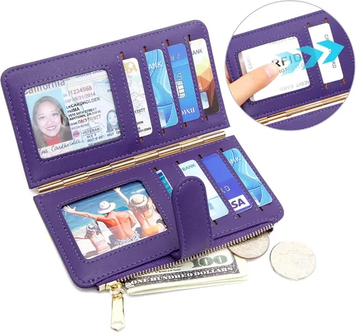 Vista 4 de Badiya Tarjetero de crédito para mujer, con bloqueo RFID, delgada, plegable, con bolsillo con cremallera y 3 ventanas para identificación, Violeta