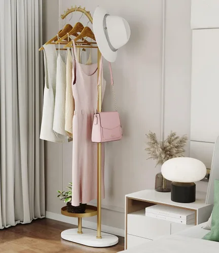 Vista 7 de Perchero minimalista dorado con base de mármol Tu centro de puesta en escena personal para trajes y elementos esenciales Perchero moderno