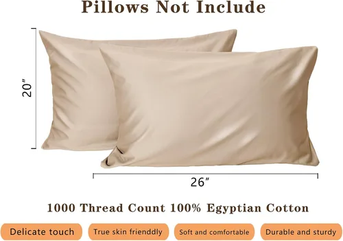 Vista 8 de Juego de 2 fundas de almohada de algodón de 1000 hilos tamaño estándar, 100% algodón egipcio tejido satinado, fundas de almohada con cierre de Beige